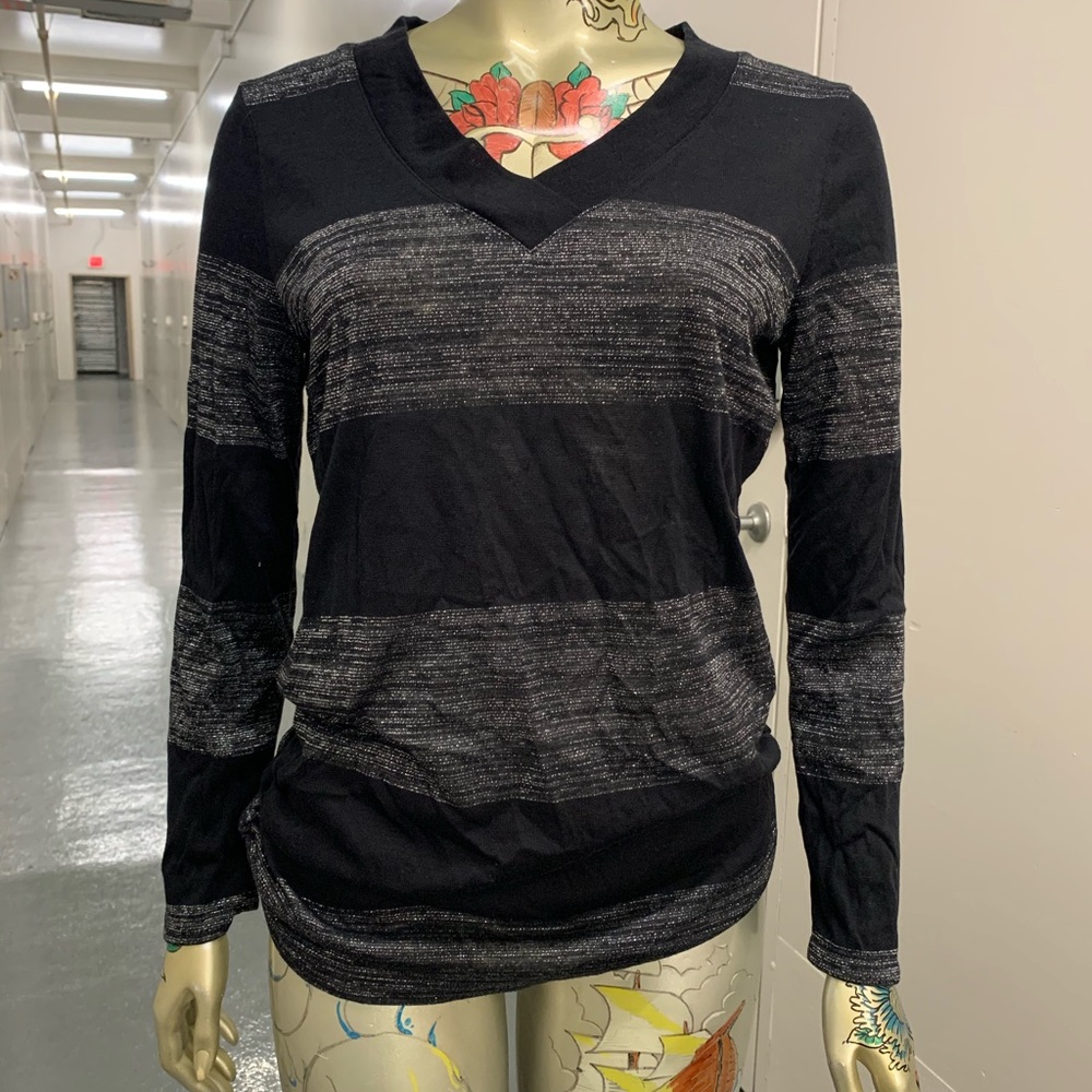 Black and Grey White Striped V neck Top